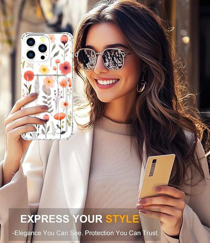 Compatible with iPhone 16 Pro Max Case Card Holder for Women Cute Design,Wallet Phone Cases Transparent Cool Kawaii Protective (Clear Flowers Leaves)