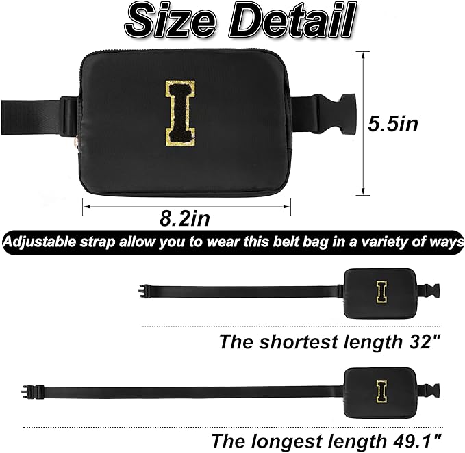 Uygafly Personalized Belt Bag for Women Girls - Fashion Mini Waist Packs with Adjustable Strap - Trendy Travel Fanny Pack Crossbody Bags with Initial Letter - Teen Gifts | Black,Black I