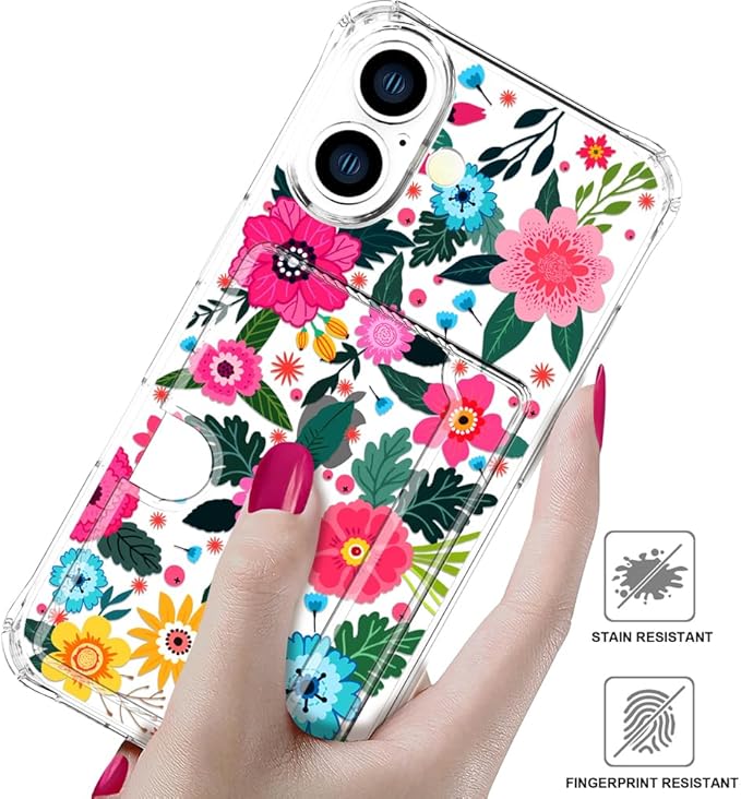 Compatible with iPhone 17 Case Card Holder for Women Cute Design,Wallet Phone Cases Transparent Cool Kawaii Protective (Clear Floral Spring Blossom)
