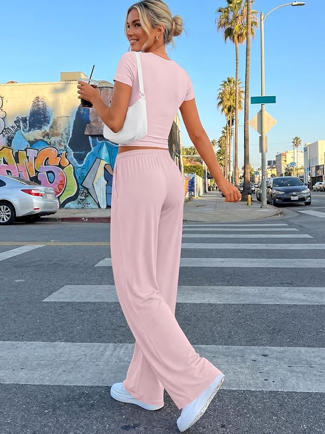 Trendy Queen 2 Piece Matching Summer Lounge Set Womens Side Ruching Top Wide Leg Pants Sets with Pockets