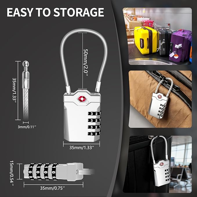 TSA Approved Locks for Luggage, 2 Pack Combination Travel Steel Cable Lock, Re-settable 4 Digit Padlocks with Inspection Indicator, Alloy Body Keyless Padlock for Lockers, Backpacks, Bags - Silver