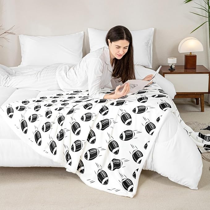 American Football Kids Throw Blanket,Ball Sports Games Competition Bed Blanket for Girls Boys Adults,Cartoon Modern Fashion Fleece Blanket,Black White Fuzzy Blanket,Queen Size (90 x 90 Inches)