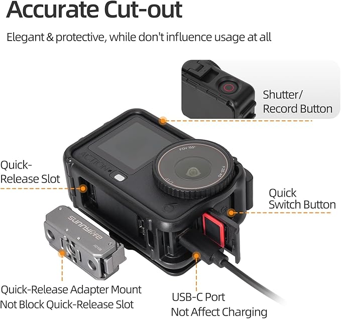 Action 6 Camera Cage Frame with Sun Hood, Protective Frame Housing Case with Detachable Screen Protective Sunshade for DJI OSMO Action 6 Accessories