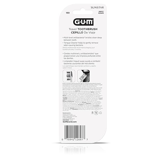 GUM Folding Travel Toothbrush, Compact Head + Tongue Cleaner, Soft Bristled Travel Toothbrushes for Adults, 2ct (Pack of 2)
