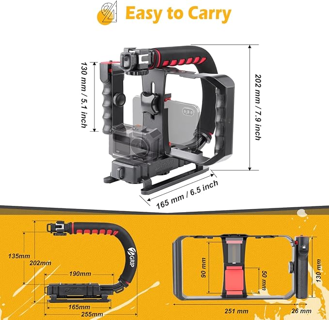 Zeadio Camera Smartphone Handheld Stabilizer, Triple Cold-Shoe Handle Grip Compatible with All Camera Action Camera DSLR Smartphone