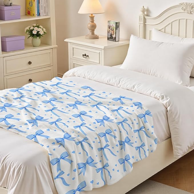 Wajade Blue Bow Kids Blanket for Girls - Blue Bow Blanket Birthday Decor for Kids Age 3 4 5 6 7 8 9 10 11 12 Years Old Teens Child Toddler Throw Blue 50"x60"
