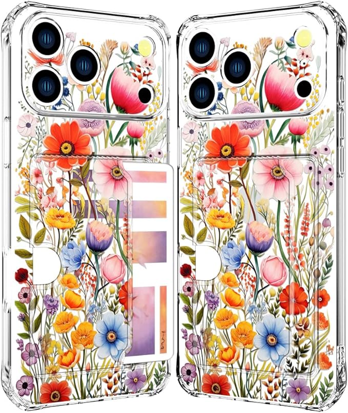 Compatible with iPhone 17 Pro Case Card Holder for Women Cute Design,Wallet Phone Cases Transparent Cool Kawaii Protective (Clear Flowers Lily Girly Florals)
