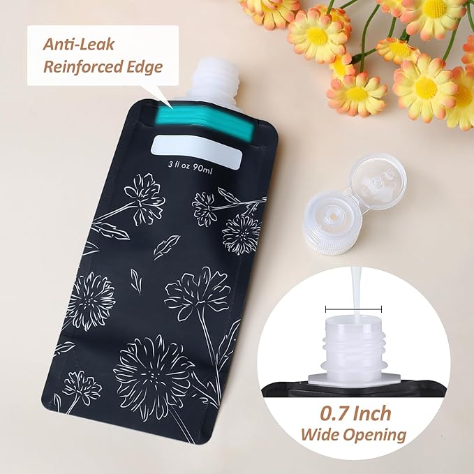 PACKISM 27 Pack Travel Pouches for Toiletries - 3 oz Leak Proof TSA Approved Liquid Containers, Squeeze Bags for Shampoo Lotion, Space Saving Refillable Carriers, Black Beige Chamomile