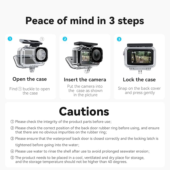 TELESIN Waterproof Case for DJI Action 5 Pro Action 4/3 Camera, with Anti-Fog Underwater Housing Shell Cage Supports 60M/196FT Deep Diving Scuba Snorkeling Swimming with Quick Release Screw