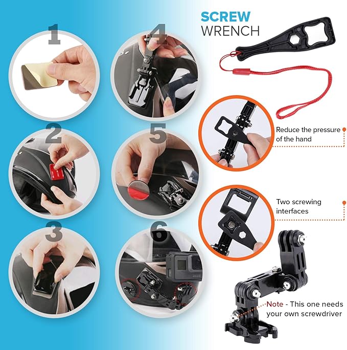MiPremium Motorcycle Helmet Chin Mount Kits for GoPro Hero 13 12 11 10 9 8 7 6 5 4 3 Black Silver Session, AKASO/Campark & Other Action Camera Swivel Aluminium Screw Flat Curved Adhesive Pads & J Hook