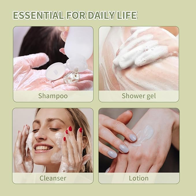 Empty Shampoo Bottles 6.7oz - Large Size Refillable Plastic Liquids Toiletry Containers - Empty Leak Proof Lotion Toiletries Dispenser - Clear Flip Cap Top Body Wash and Cosmetic Set 4 Pack