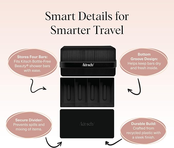 Kitsch 4-Compartment Travel Soap Case – Bar Soap Holder & Organizer, Travel Case for Bars – TSA-Approved – Lightweight, Durable, Leak-Proof, Made from Recycled Plastic – Black