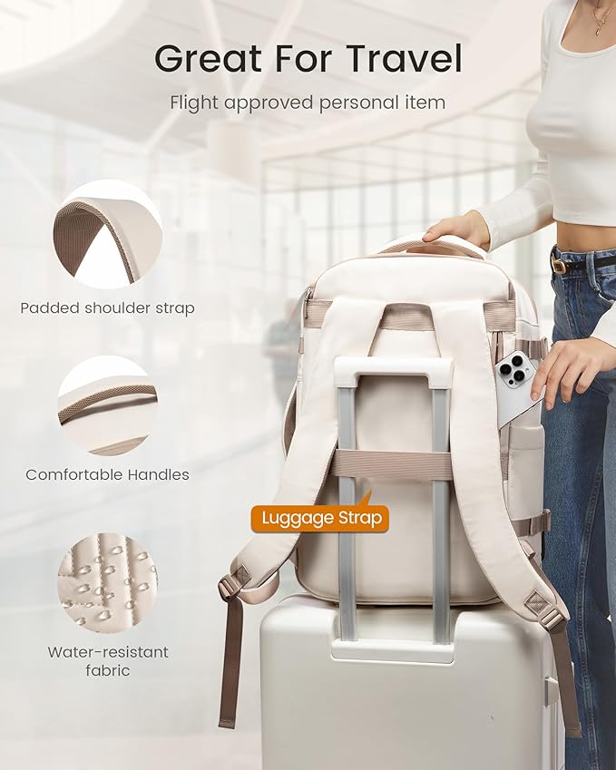 LOVEVOOK 50L Travel Backpack for Women Men, TSA Personal Item Travel Bag Fits 17.3inch Laptop, Waterproof Airline Approved Carry On Luggage With 2 Cubes for Weekender Hiking Business, Beige