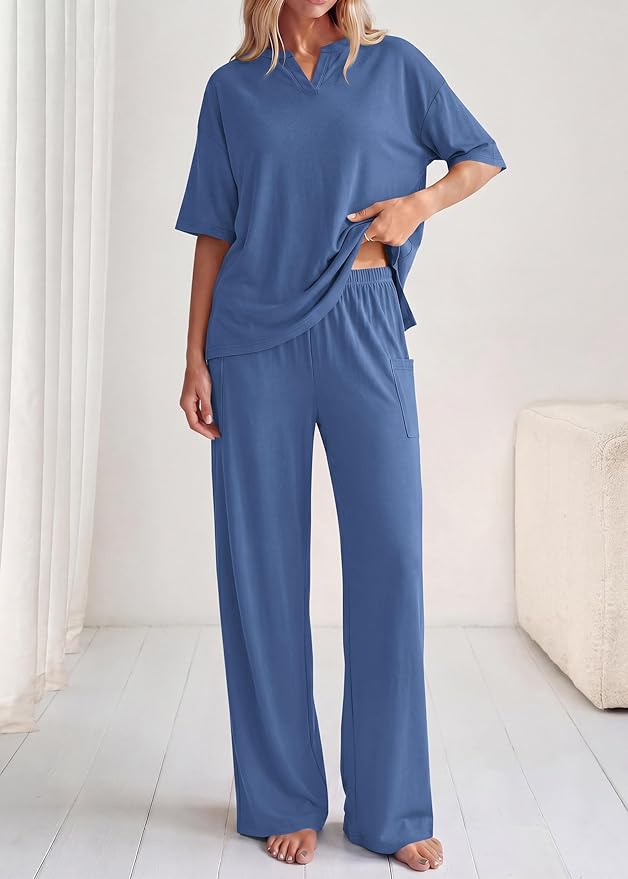 KIRUNDO Womens 2 Piece Matching Lounge Set Airport Travel Vacation Summer Outfits Oversized Short Sleeve Tops Wide Leg Pants