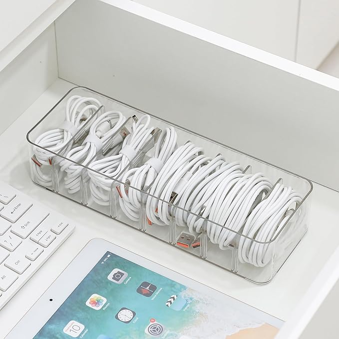 Clear Cable Cord Organizer Box, Adjustable Desk Drawer Storage Case for Home Office Supplies, Battery and Cell Phone Charger, Plastic Art Crafts Container