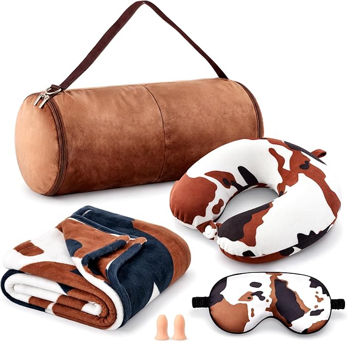 HunnmingRe 5 Pcs Travel Pillow and Blanket Set, 5 in 1 Travel Airplane Compact Includes 40 x 60 Inch Throw Blanket Eye Mask Neck Pillow Earplug and Bag Gifts for Travelers Women(Cow Print,Brown)