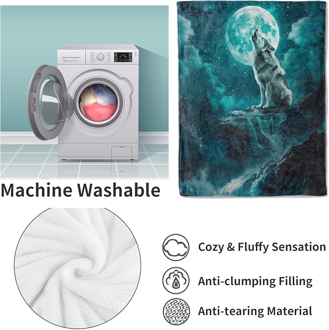 Wolf Blanket, Wolf Howling Flannel Throw Blankets,Soft Warm Lightweight Cozy Plush Animal Moon Throws for Bedroom Sofa Office Home Decor Gifts for Adults Men Kids Girls 60"x50"