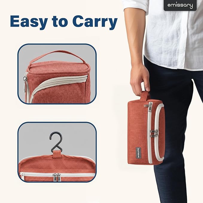 Pantheon Men's Toiletry Bag - Travel Toiletry Bag Wash Bag Hanging Dopp Kit Shaving Kit for Bathroom Shower - Mens Travel Bag Hanging Toiletry Organizer Toiletry Kit for Traveling (Brick Red)