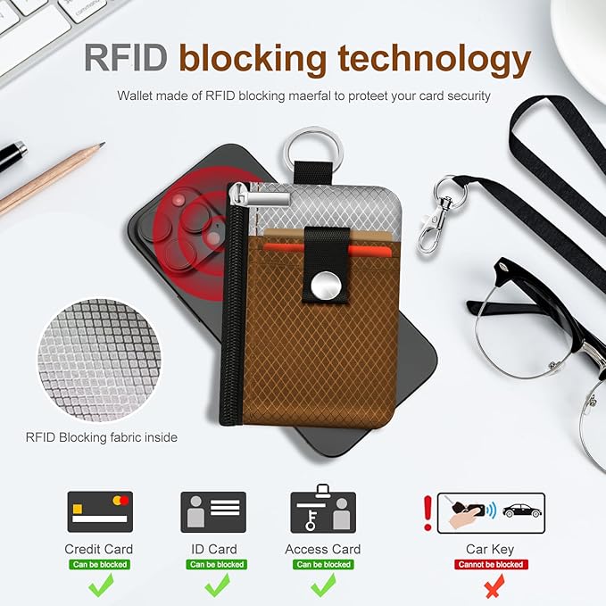 Minimalist RFID Blocking Small Wallet with ID Window,WaterResistant Zip Id Case Wallet with Lanyard Keychain for Cards,Cash,Travel,Women,Men (Brown/Light Grey)