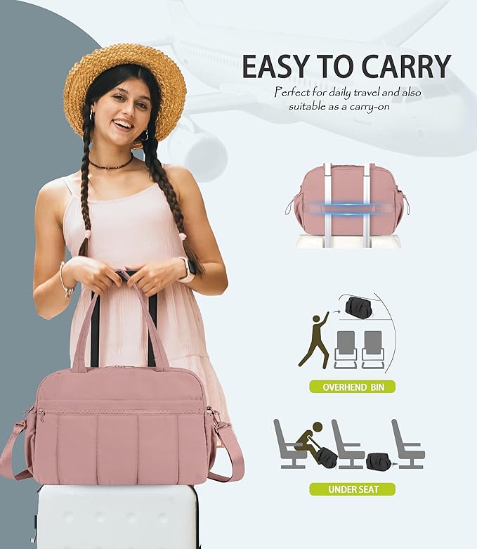 Lightweight Travel Duffle Bag for Women, Quilted Puffy Weekender with Wet Pocket for Gym, Overnight, Personal Item Carry On, Dark Pink