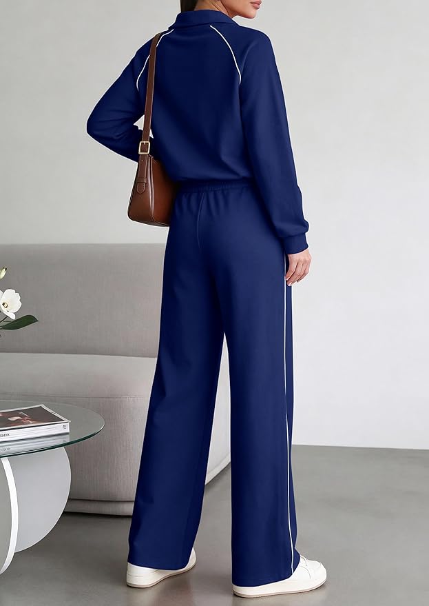 PRETTYGARDEN Women's 2 Piece Outfits Casual Lapel Half Zip Sweatshirts and Wide Leg Pants Tracksuit Sets