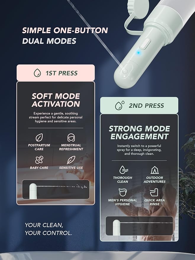 Electric Portable Bidet Sprayer Bottle Handheld for Women & Men, Travel Bidet Portable for Travel, Personal High Pressure Hygiene for Backpacking & Camping (VMASSTONE EPB-001 Mint Green)