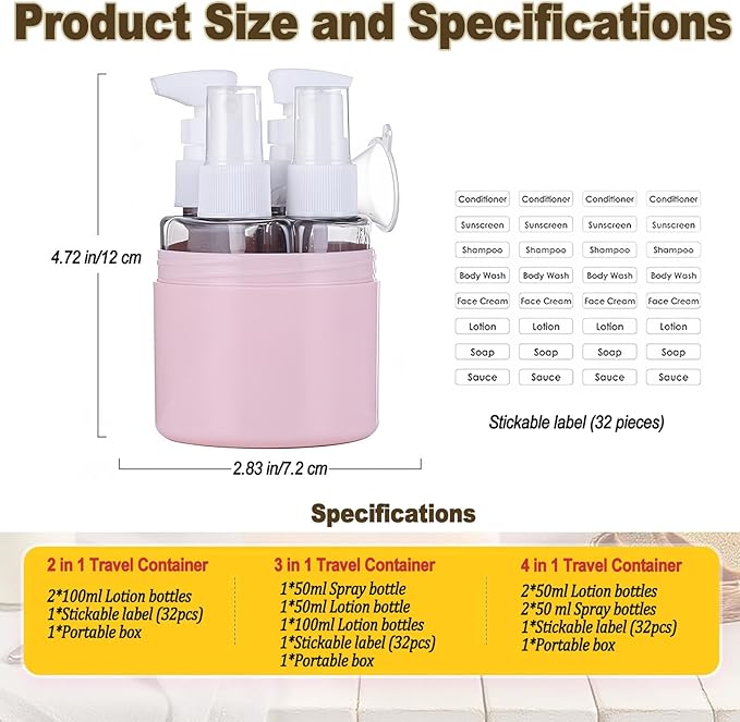 CLOUDEMO Mini Shampoo Dispenser Portable Travel Bottle Set, 2-in-1, 3-in-1, 4-in-1 Mini Dispenser Portable Travel Set, Leak Proof Refillable Travel Containers with Labels (Green,3 in 1)