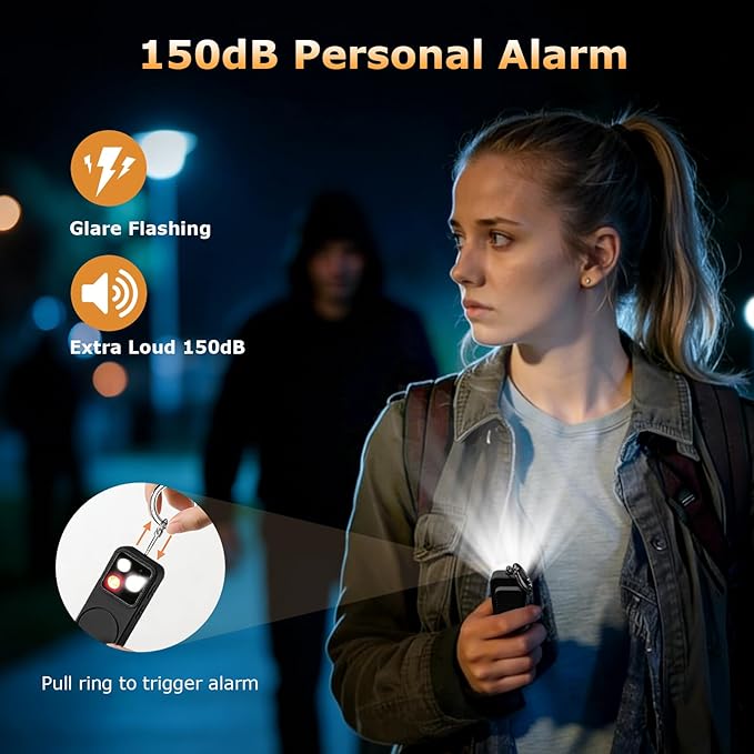 Rechargeable Personal Safety Alarm for Women, 150dB Emergency Siren with Strobe Light, Keychain Safety Alarm with Pull Pin, Compact Self Defense Alarm for Walking, Travel, College and Everyday Carry