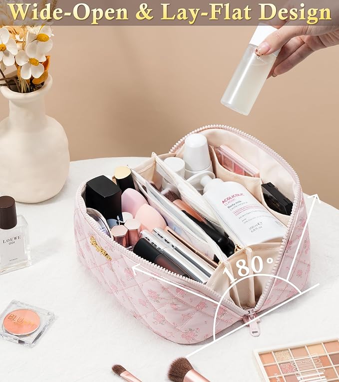 Travel Makeup Bag, 3 Pcs Large Capacity Puffy Toiletry Bag for Women, Open Flat Make up Cosmetic Organizer w/Handle & Clear Divider Water-resistant Portable Pouch Travel Essentials, M-Pink Rose