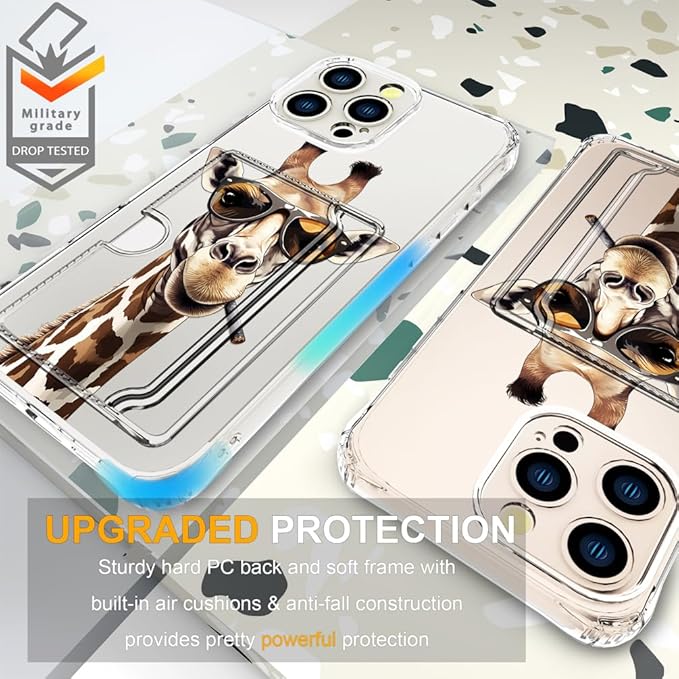 Compatible with iPhone 16 Pro Case Card Holder for Women Cute Design,Wallet Phone Cases Transparent Cool Kawaii Protective (Clear Giraffe Smoking Animal)
