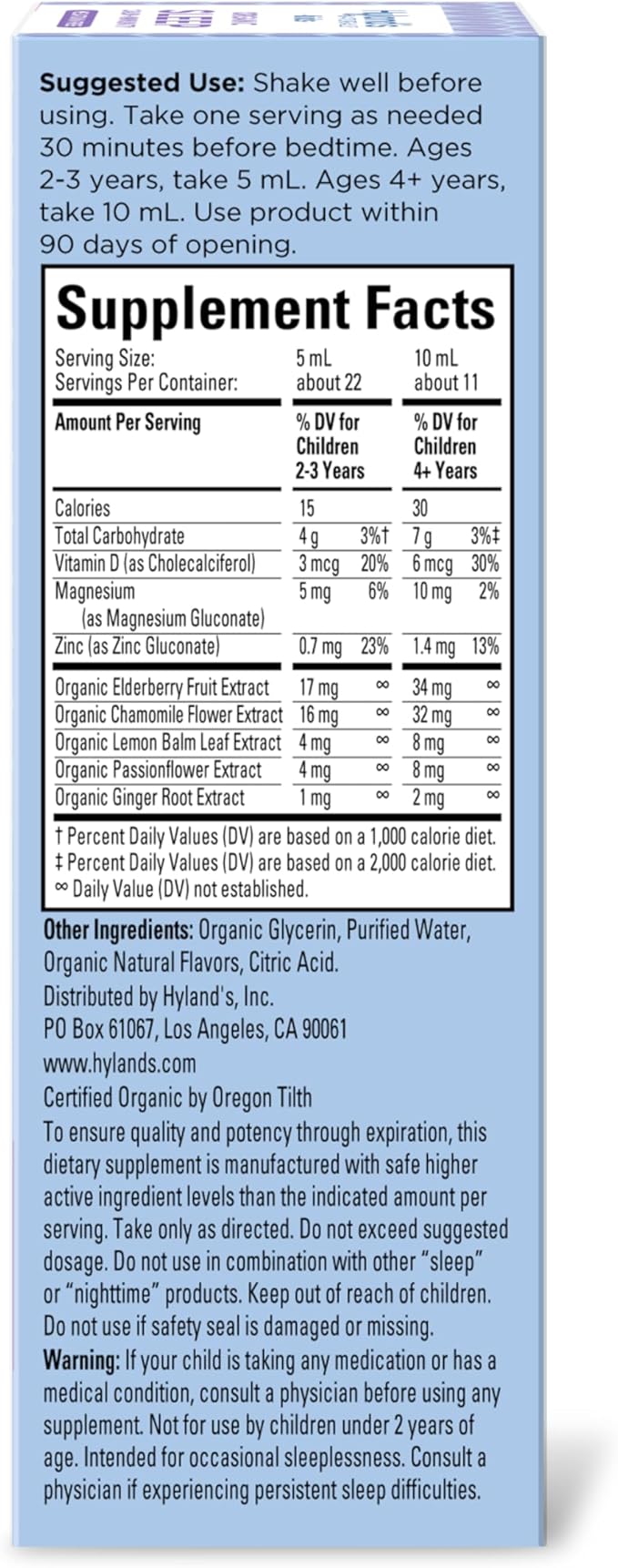 Hyland's Kids Melatonin-Free Organic Sleep Calm & Immunity Liquid, Sugar-Free with Magnesium, Vitamin D, Zinc & Elderberry, Promotes Sleep & Supports Immune Health, Ages 2+, Grape Flavor, 4 Fl. Oz.