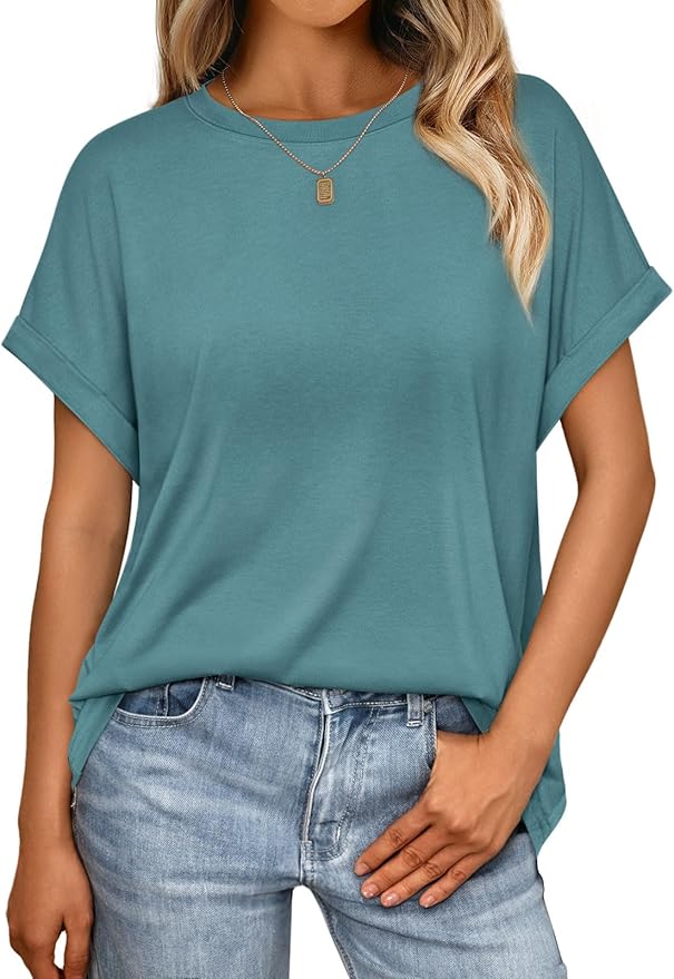 AUTOMET Women's Oversized Short Sleeve T Shirts Casual Drop Shoulder Rolled Cuff Summer Tops for Work, Travel and Lounge