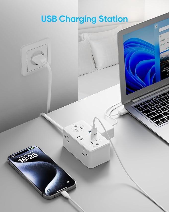 Kakyanill European Travel Plug Adapter, EU/UK/US Travel Plug Adapter Power Strip, 6 AC Outlets, 4 USB Ports (2 USB C), 3ft Wrapped Around Extension Cord, Universal Travel Adapter