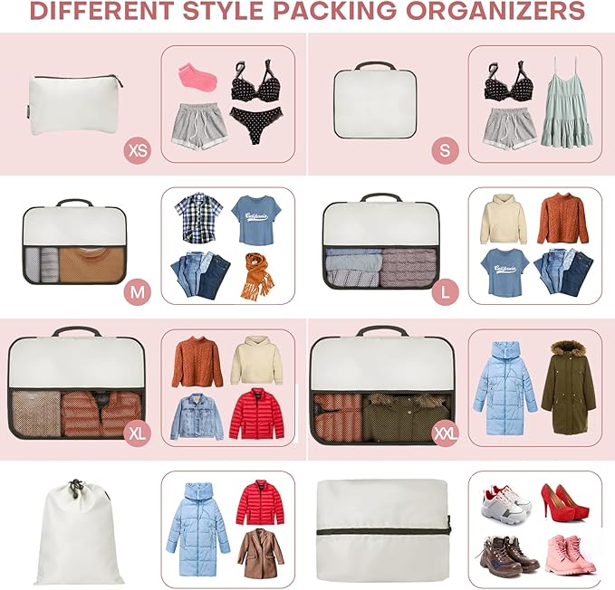 SDGFUI 8 PCS Compression Packing Cubes for Travel Women, Compression Bags Organizer for Luggage Space Saving Travel Essentials and Carry on, Luggage Organizer Bags for Suitcase - Beige