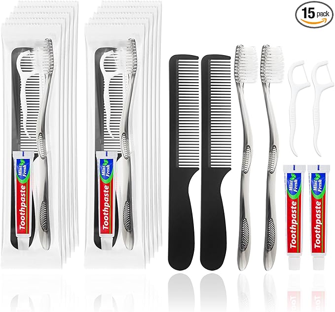 Travel Toothbrushes with Toothpaste, Disposable Toothbrushes, Hygiene Kits in Bulk with Floss Picks, Combs, Individually Packaged, Suitable for Home, Travel, and Hotels (15-Pack)