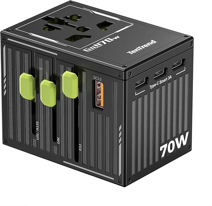 TenTrend 70W Universal Travel Adapter with 4 USB-C & 1 USB-A Ports, International Power Adapter, European Travel Plug Adapter, Worldwide Travel Essentials for EU UK AUS USA