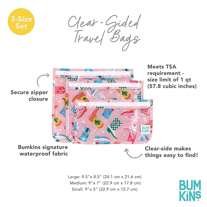 Bumkins Travel Bag, Toiletry, TSA Approved Pouch, Zip Bag, Quart Size Airline Compliant, Clear-Sided, Baby Diaper Bag Organization, Makeup, Accessories, CarryOn Packing, Set of 3 Sizes, Cowgirl Boots