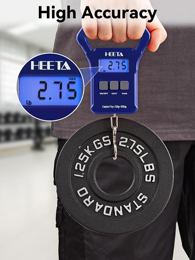 HEETA Fish Scale, 110lb/50kg Digital Portable Hanging Fishing Weight Scale with Backlit LCD Display, Luggage Scale with Hook, Non-Slip Large ABS Handle & 2 AAA Batteries, Fishing Gifts Gear for Men