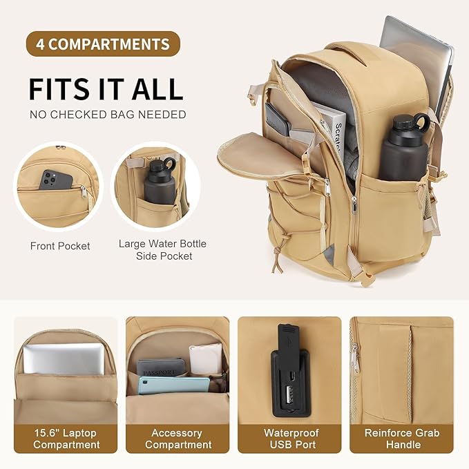 Carry on Travel Backpack, Flight Approved Personal Item Bag for Men Women, Door Lock, USB A/C Port, Shoe Bag, Fits 16" Laptop, Khaki