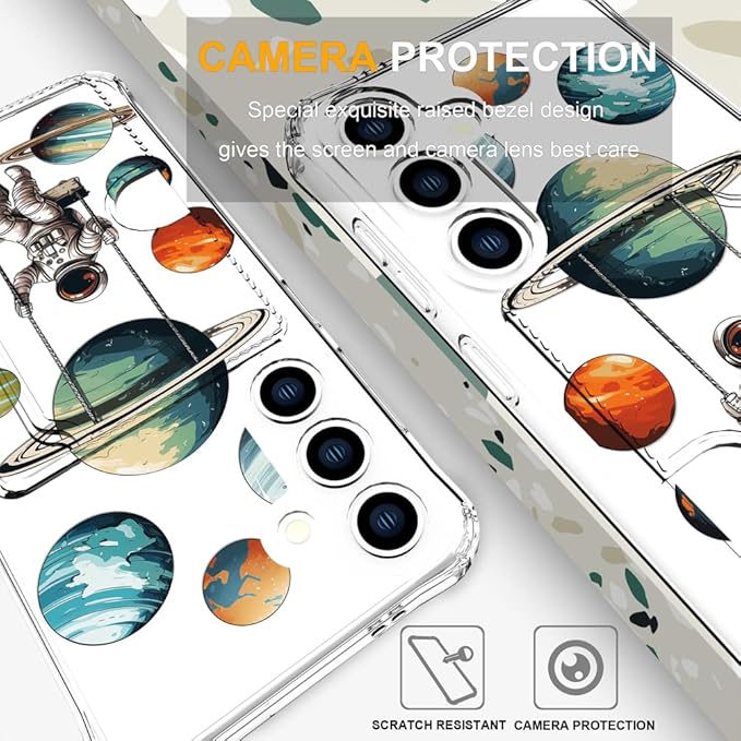 Compatible with Samsung Galaxy S24 / S25 Case Card Holder for Women Cute Design,Wallet Phone Cases Transparent Cool Kawaii Protective (Clear Astronaut Space Planets)