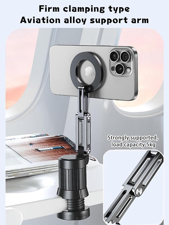 Airplane phone holder,Aluminum phone stand ,Travel Essentials Phone Holder for Magnetic,1080°Degree Rotation,Clamping device for free hands，vacuum magnetic phone stand,Accessories Compatible with All