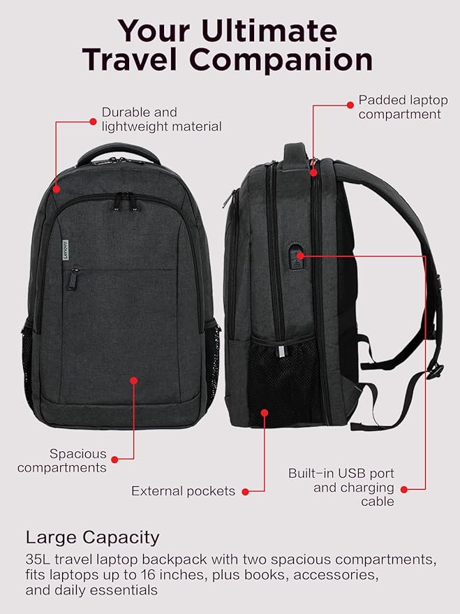 Lenovo B325 Laptop Backpack 35L – Anti-Theft, Water-Resistant, USB Charging Port, Fits 16-Inch Laptops, 2 Compartments, Luggage Strap, Travel Backpack for Work, School, Men & Women, Black