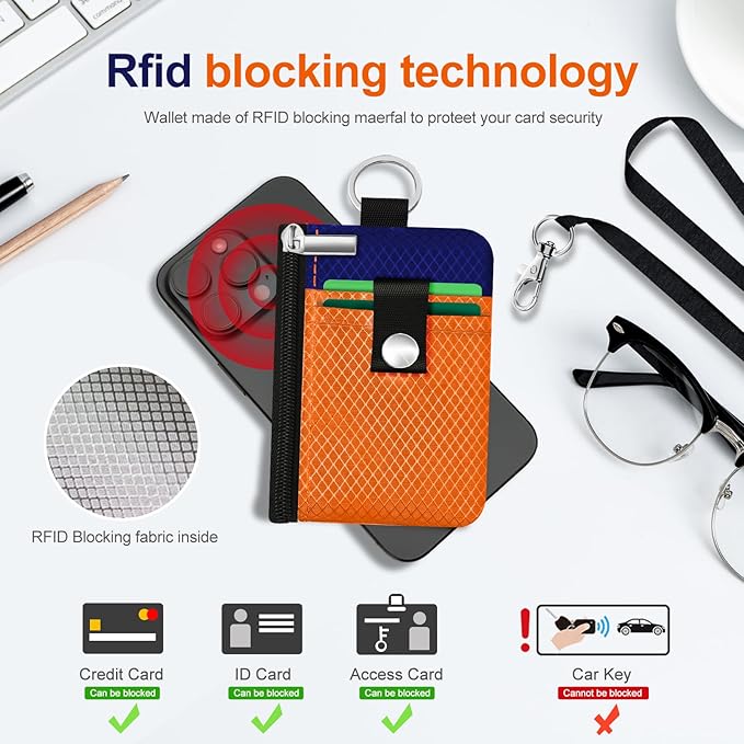 Minimalist RFID Blocking Small Wallet with ID Window,WaterResistant Zip Id Case Wallet with Lanyard Keychain for Cards,Cash,Travel,Women,Men (Orange/Sapphire Blue)