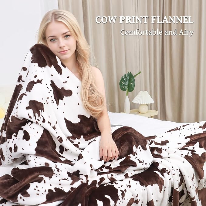 Cow Print Blanket Twin Size - Large Soft Fuzzy Throw for Couch, Twin Blanket for Bed, Neutral Boho Farmhouse Decor for Bedroom, Living Room & Dorm, Lightweight & All Seasons Use 60" x 80"
