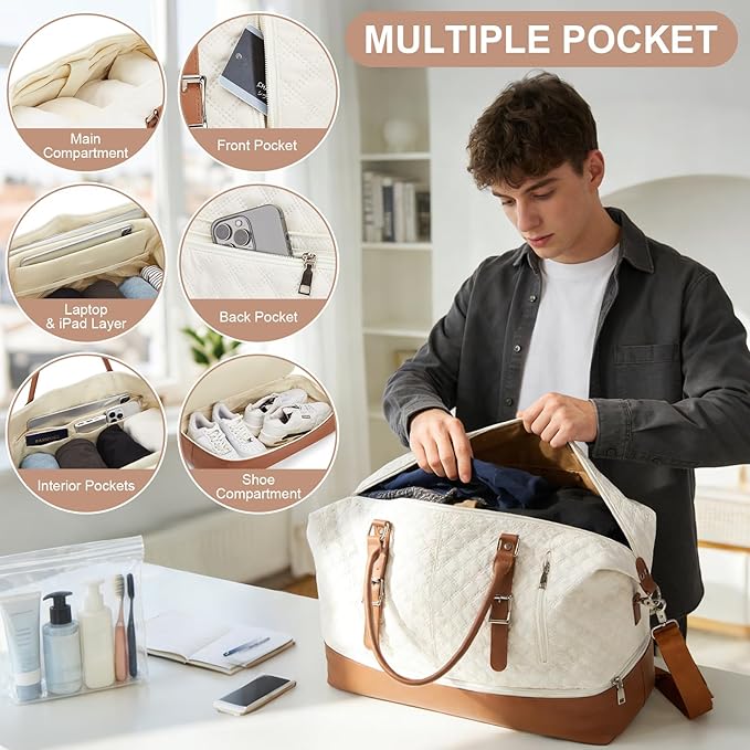 Travel Duffel Bag, Weekender Overnight Bag for Women with Trolley Sleeve, Carry On Bag for Airplanes Sport Tote Gym Bag with Shoes Compartment.(Beige)