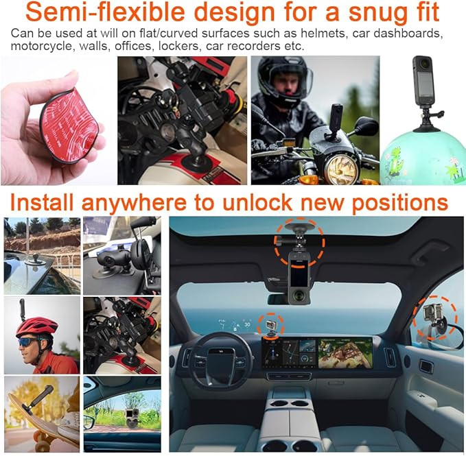 Flexible Adhesive Mount Kit Helmet Camera Mount for Insta360 X5 X4 X3 GO One X RS Gopro Hero 13/12/11/10 Max DJI Action 5 Pro 4 Camera Accessories for Flat and Curved Surfaces