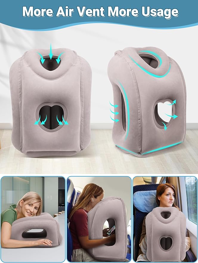 Maliton Inflatable Travel Pillow for Airplane Comfortable Sleeping to Relieve Neck and Shoulder Pain, Support Head Inflatable Pillow for Long Flights, Used for Airplanes, Cars, Trains, Office (Grey)
