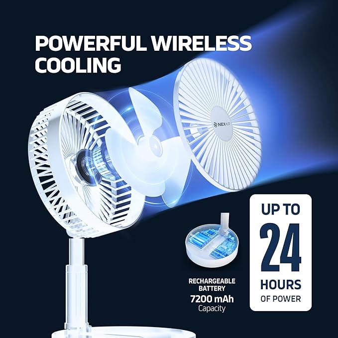 NEXAIR Premium 8" Foldable 4 Speed Portable Fan with Adjustable Height 14” – 39.5 in, Rechargeable Folding Fan For Home And Office, Quiet Floor Fan For Bedroom, Battery Operated Fan For Travel