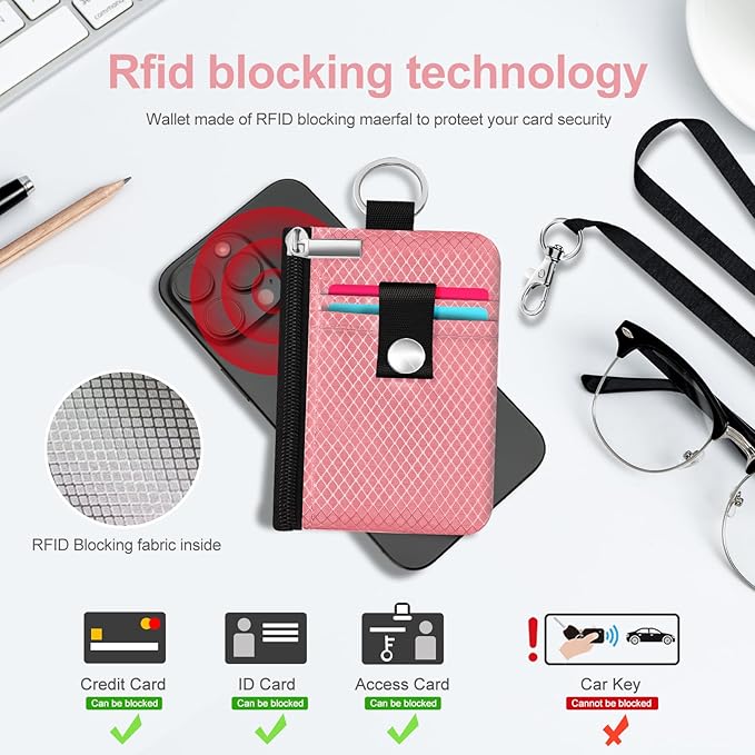 Minimalist RFID Blocking Small Wallet with ID Window,WaterResistant Zip Id Case Wallet with Lanyard Keychain for Cards,Cash,Travel,Women,Men (Pink)