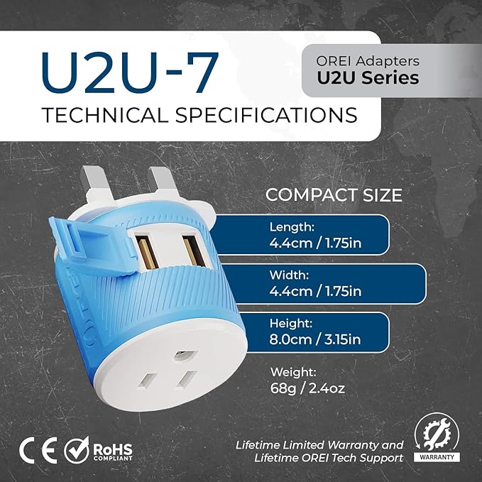 OREI UK, Ireland, Dubai Travel Plug Adapter with Dual USB - USA Input - Type G - (U2U-7), Will Work with Cell Phones, Camera, Laptop, Tablets, iPad, iPhone and More
